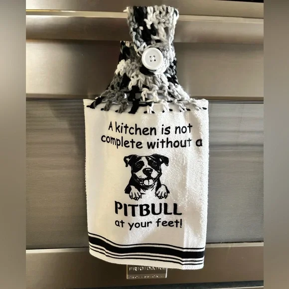 Hand Crafted Black and White Pitbull Themed Hanging Kitchen Hand Towel - Picture 4 of 6